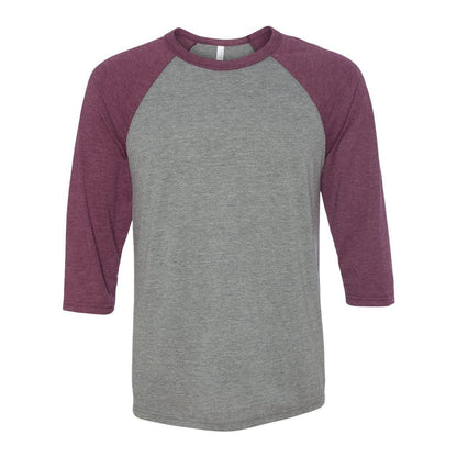 Grey- Maroon Triblend - Front - BELLA + CANVAS Three-Quarter Sleeve Baseball Tee