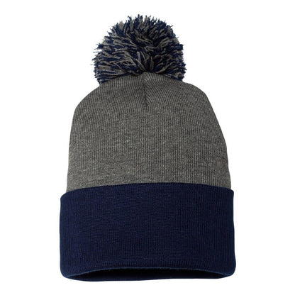 Dark Heather Grey- Navy - Front - Sportsman Pom-Pom 12 Knit Beanie