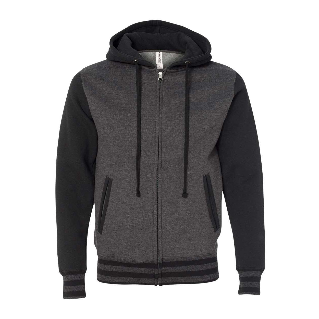Charcoal Heather- Black - Front - Independent Trading Co. Heavyweight Varsity Full-Zip Hooded Sweatshirt