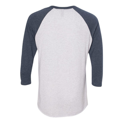 Indigo Sleeves- Heather White Body - Back - Next Level Unisex Triblend Three-Quarter Raglan T-Shirt