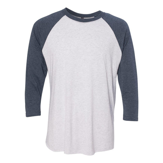 Indigo Sleeves- Heather White Body - Front - Next Level Unisex Triblend Three-Quarter Raglan T-Shirt