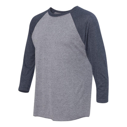 Vintage Navy Sleeves- Premium Heather Body - Side - Next Level Unisex Triblend Three-Quarter Raglan T-Shirt