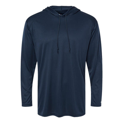 Navy - Front - Badger B-Core Hooded Long Sleeve T-Shirt