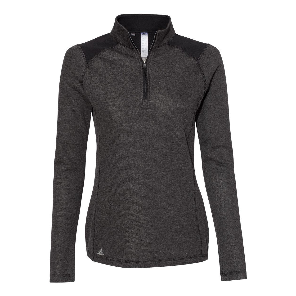 Black Heather - Front - Adidas Women's Heathered Quarter-Zip Pullover with Colorblocked Shoulders