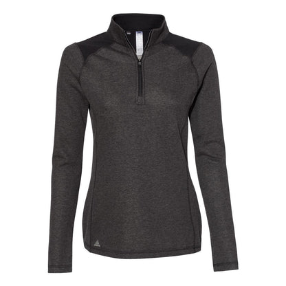 Black Heather - Front - Adidas Women's Heathered Quarter-Zip Pullover with Colorblocked Shoulders