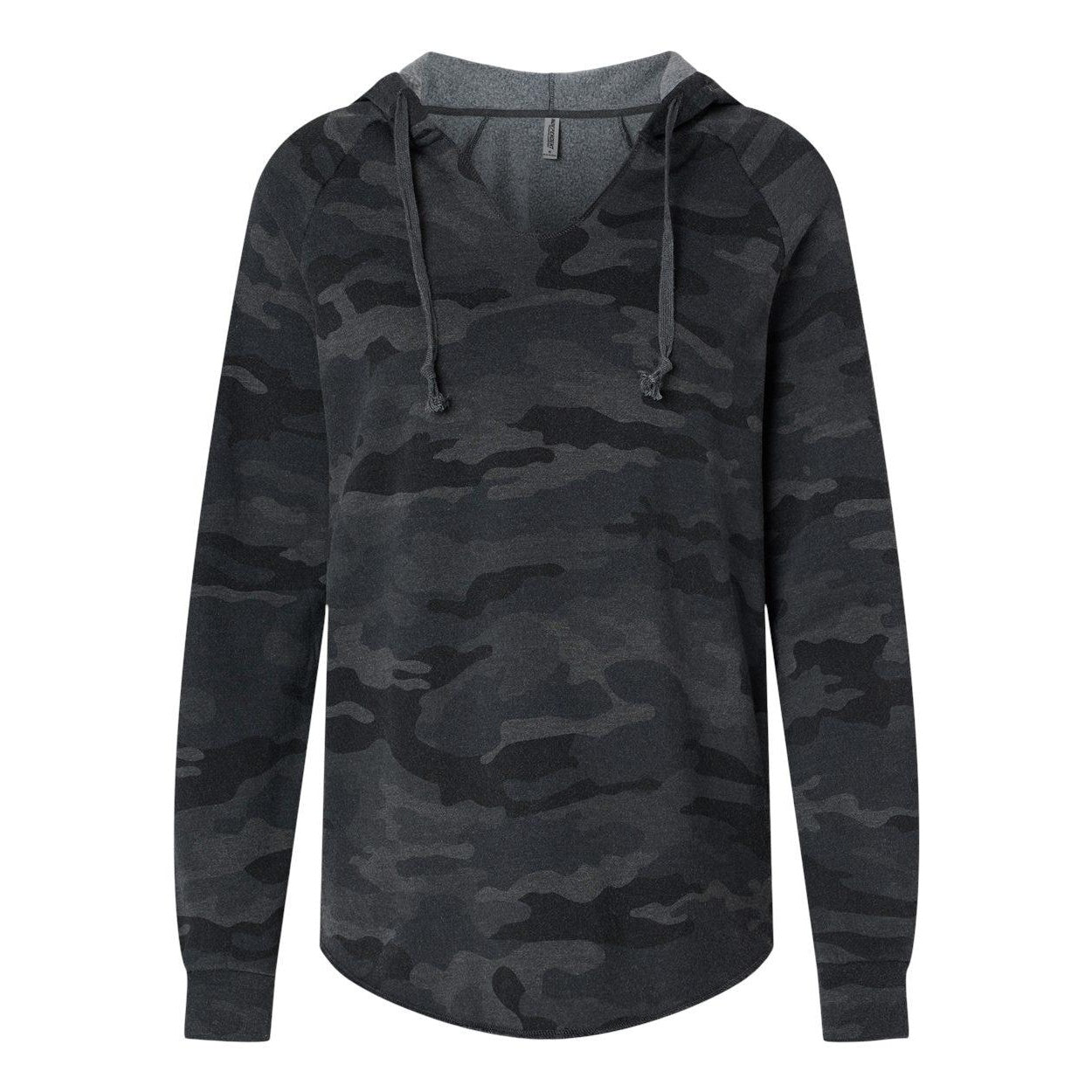 Black Camo Heather - Front - Independent Trading Co. Womens Lightweight California Wave Wash Hooded Sweatshirt