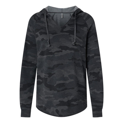 Black Camo Heather - Front - Independent Trading Co. Womens Lightweight California Wave Wash Hooded Sweatshirt
