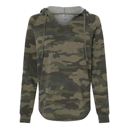 Forest Camo Heather - Front - Independent Trading Co. Womens Lightweight California Wave Wash Hooded Sweatshirt