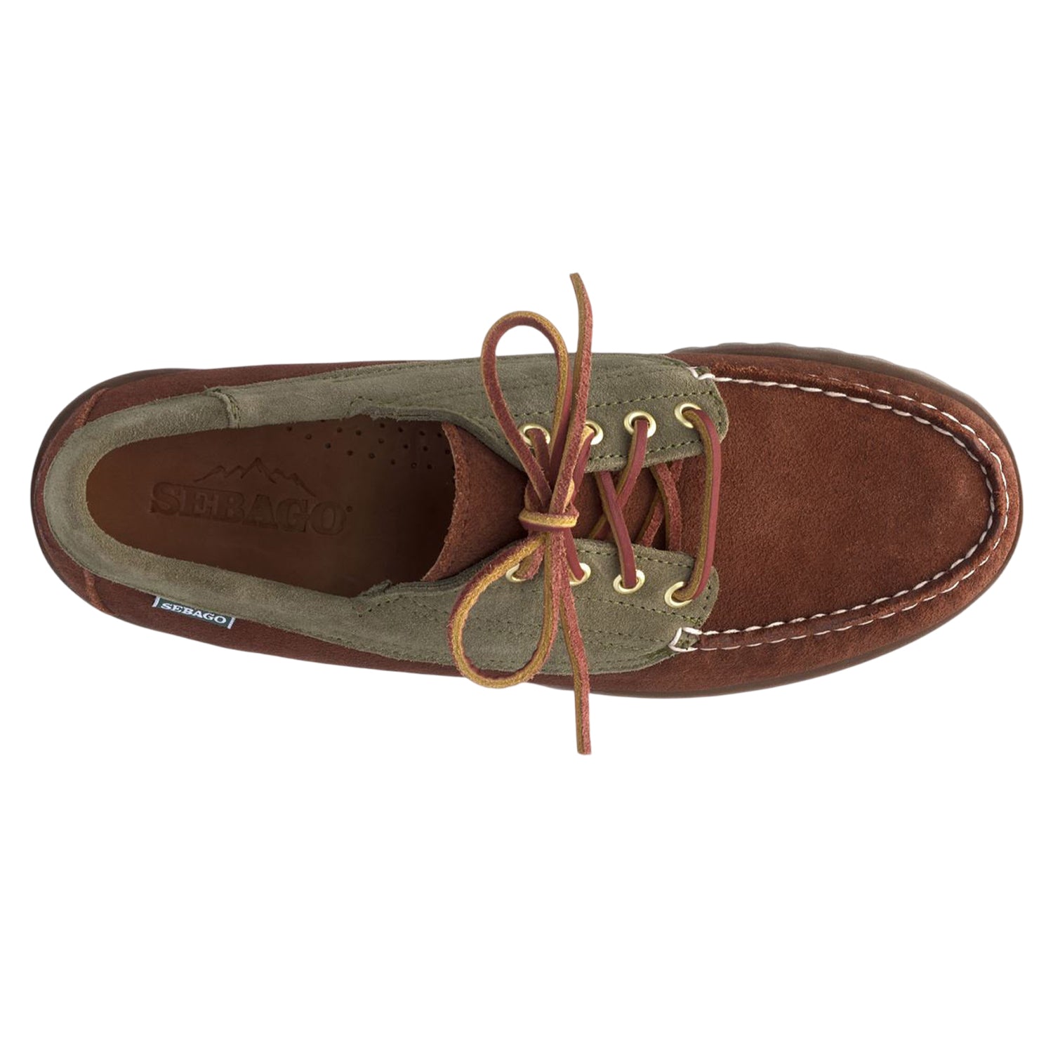 Brown Cognac-Military Green - Side - Sebago Mens Askook Lug Suede Boat Shoes