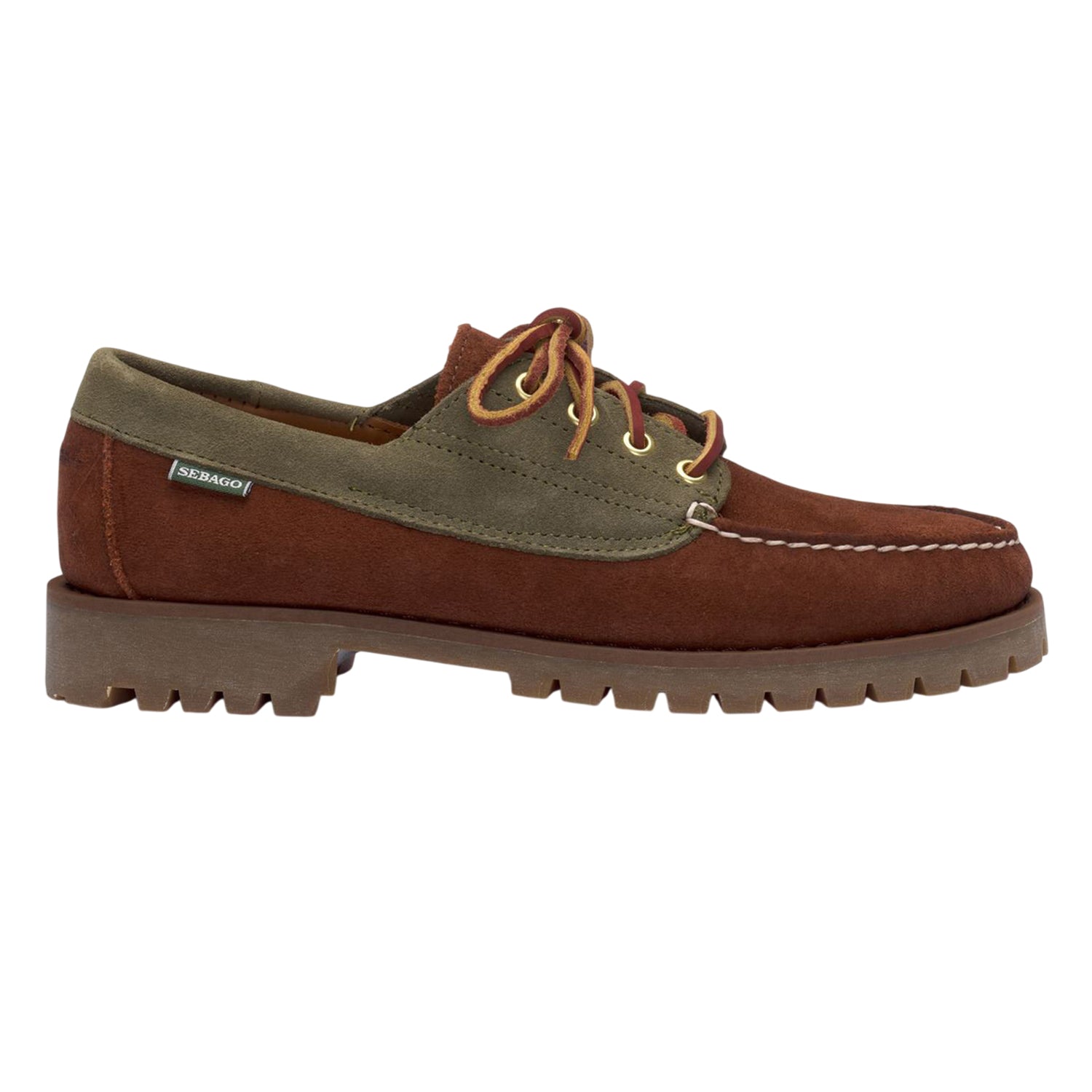 Brown Cognac-Military Green - Front - Sebago Mens Askook Lug Suede Boat Shoes
