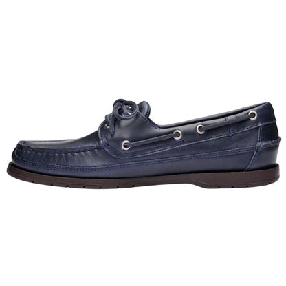 Blue Navy-Gum - Side - Sebago Mens Schooner Waxed Leather Boat Shoes
