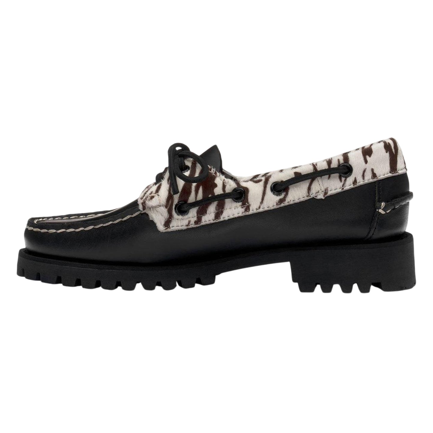 Black-White - Side - Sebago Womens-Ladies Ranger Zebra Print Buff Leather Moccasins