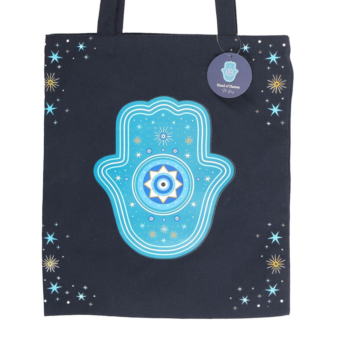 Black-Blue-Light Blue - Side - Something Different Hand of Hamsa Polycotton Tote Bag