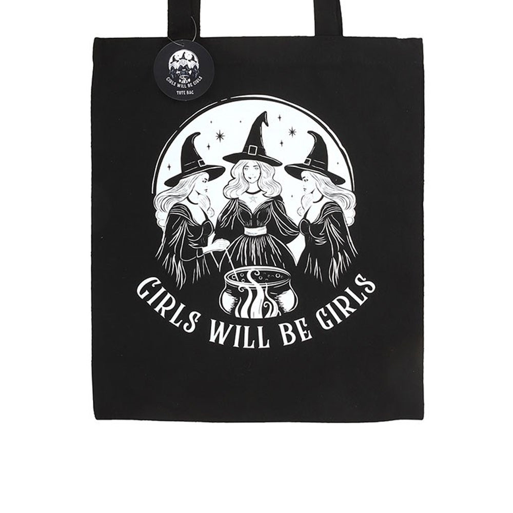 Black-White - Side - Something Different Girls Will Be Girls Witchy Polycotton Tote Bag