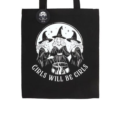 Black-White - Side - Something Different Girls Will Be Girls Witchy Polycotton Tote Bag