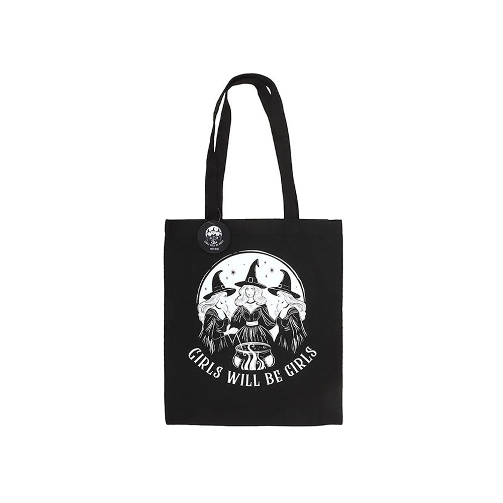 Black-White - Front - Something Different Girls Will Be Girls Witchy Polycotton Tote Bag