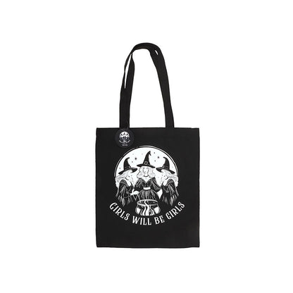 Black-White - Front - Something Different Girls Will Be Girls Witchy Polycotton Tote Bag