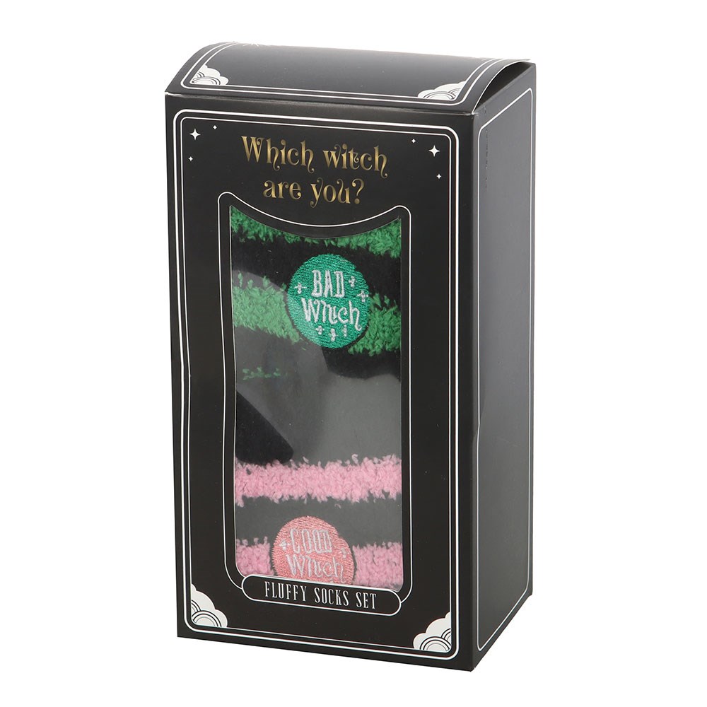 Green-Pink-Black - Side - Something Different Womens-Ladies Good Witch And Bad Witch Fluffy Socks (Pack of 2)