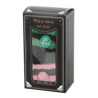 Green-Pink-Black - Side - Something Different Womens-Ladies Good Witch And Bad Witch Fluffy Socks (Pack of 2)