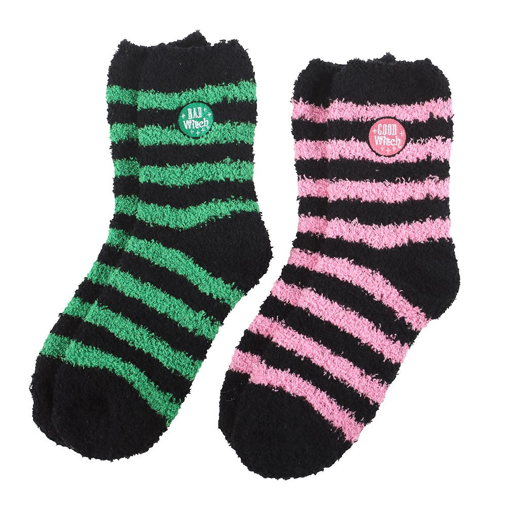 Green-Pink-Black - Back - Something Different Womens-Ladies Good Witch And Bad Witch Fluffy Socks (Pack of 2)