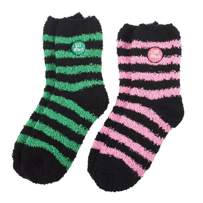 Green-Pink-Black - Back - Something Different Womens-Ladies Good Witch And Bad Witch Fluffy Socks (Pack of 2)
