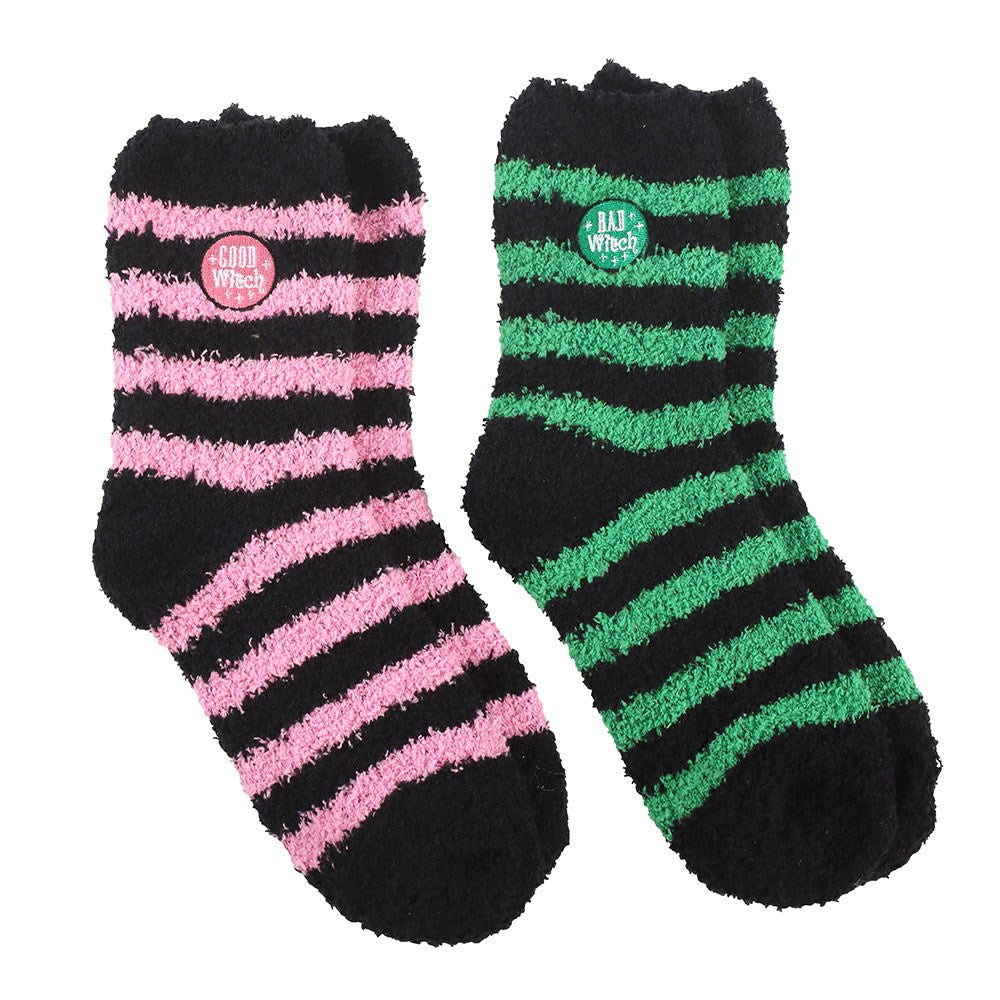 Green-Pink-Black - Front - Something Different Womens-Ladies Good Witch And Bad Witch Fluffy Socks (Pack of 2)