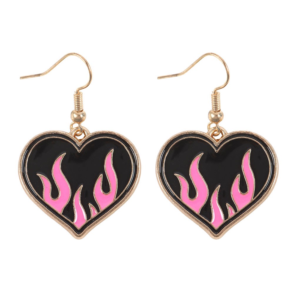 Black-Pink - Front - Something Different Flaming Heart Dangle Earrings