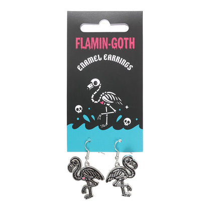 Black-Silver - Side - Something Different Dead Hot Days Enamelled Flamingo Skeleton Dangle Earrings