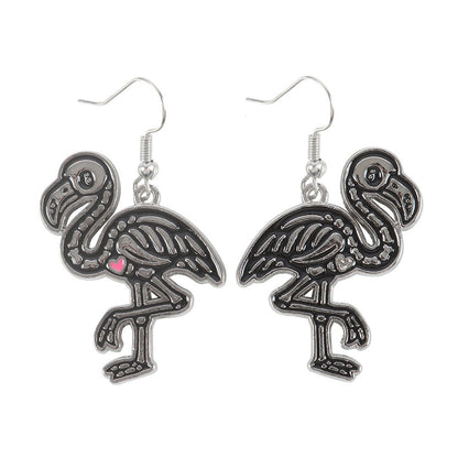 Black-Silver - Front - Something Different Dead Hot Days Enamelled Flamingo Skeleton Dangle Earrings