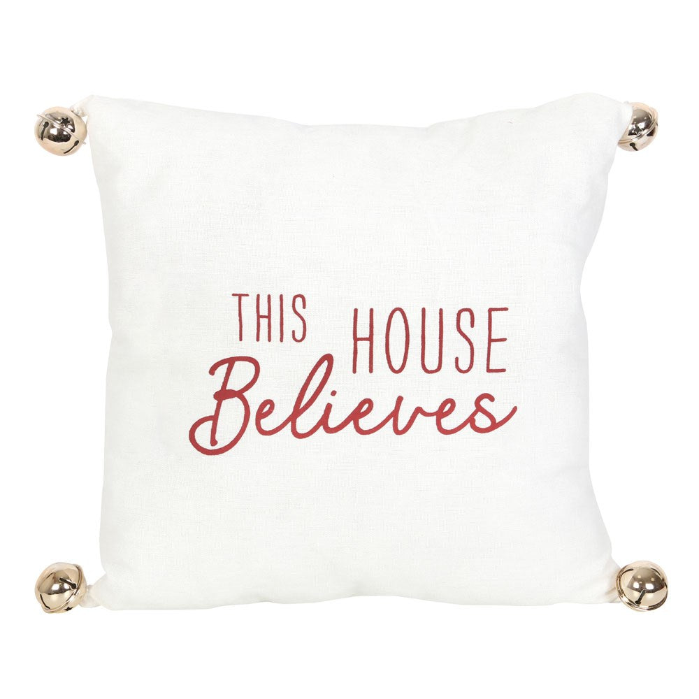 White-Red - Front - Something Different This House Believes Bells Christmas Cushion
