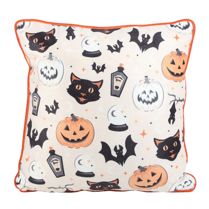 White-Black-Orange - Front - Something Different Spooky Cat And Pumpkin Square Filled Cushion