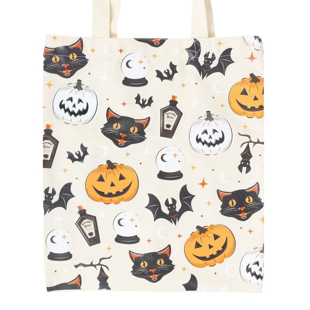 White - Side - Something Different Spooky Cat And Pumpkin Polycotton Tote Bag