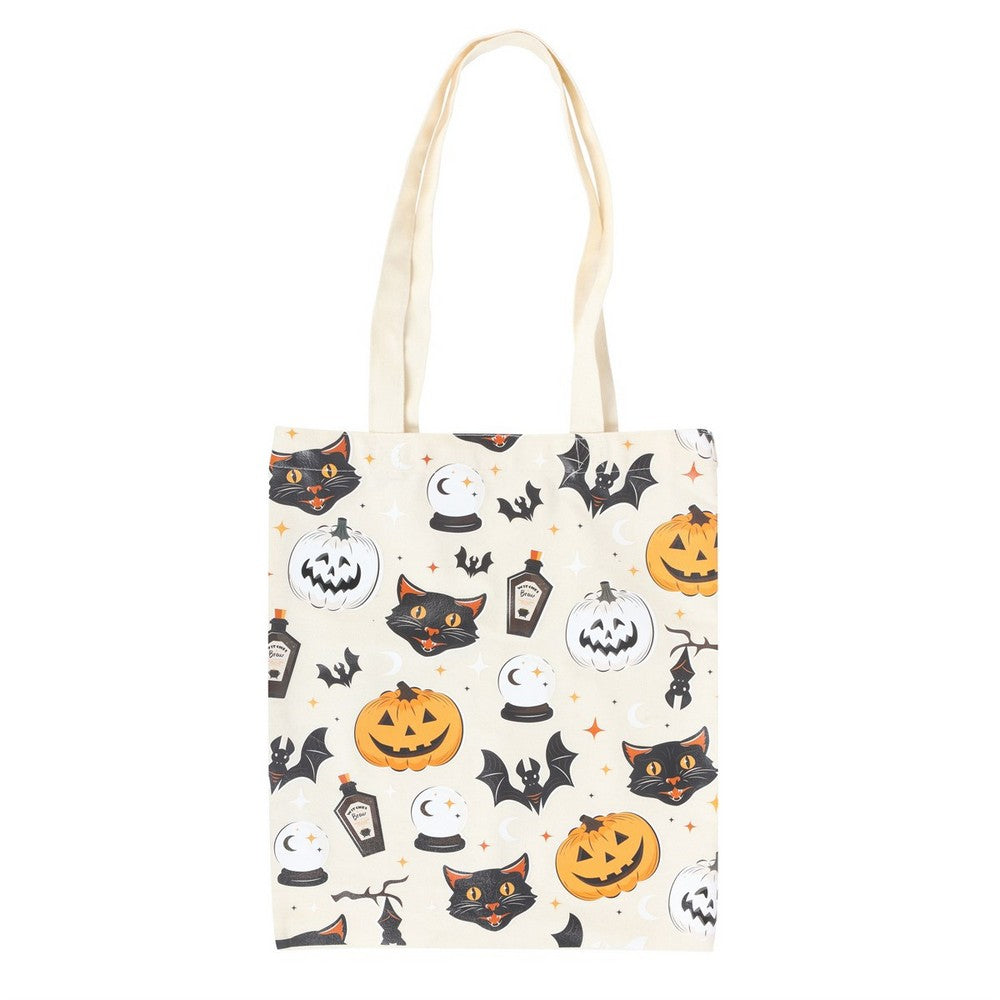White - Front - Something Different Spooky Cat And Pumpkin Polycotton Tote Bag