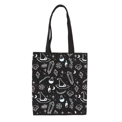 Black-White - Front - Something Different Crystal Witch Printed Polycotton Tote Bag