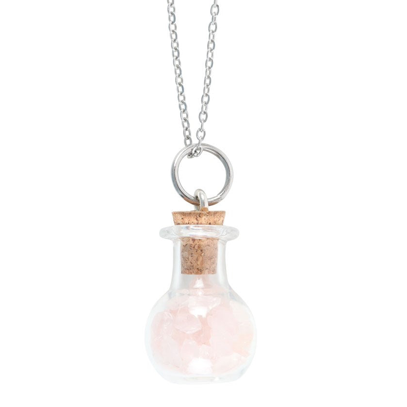 White-Silver-Brown - Front - Something Different Love Rose Quartz Potion Bottle Necklace
