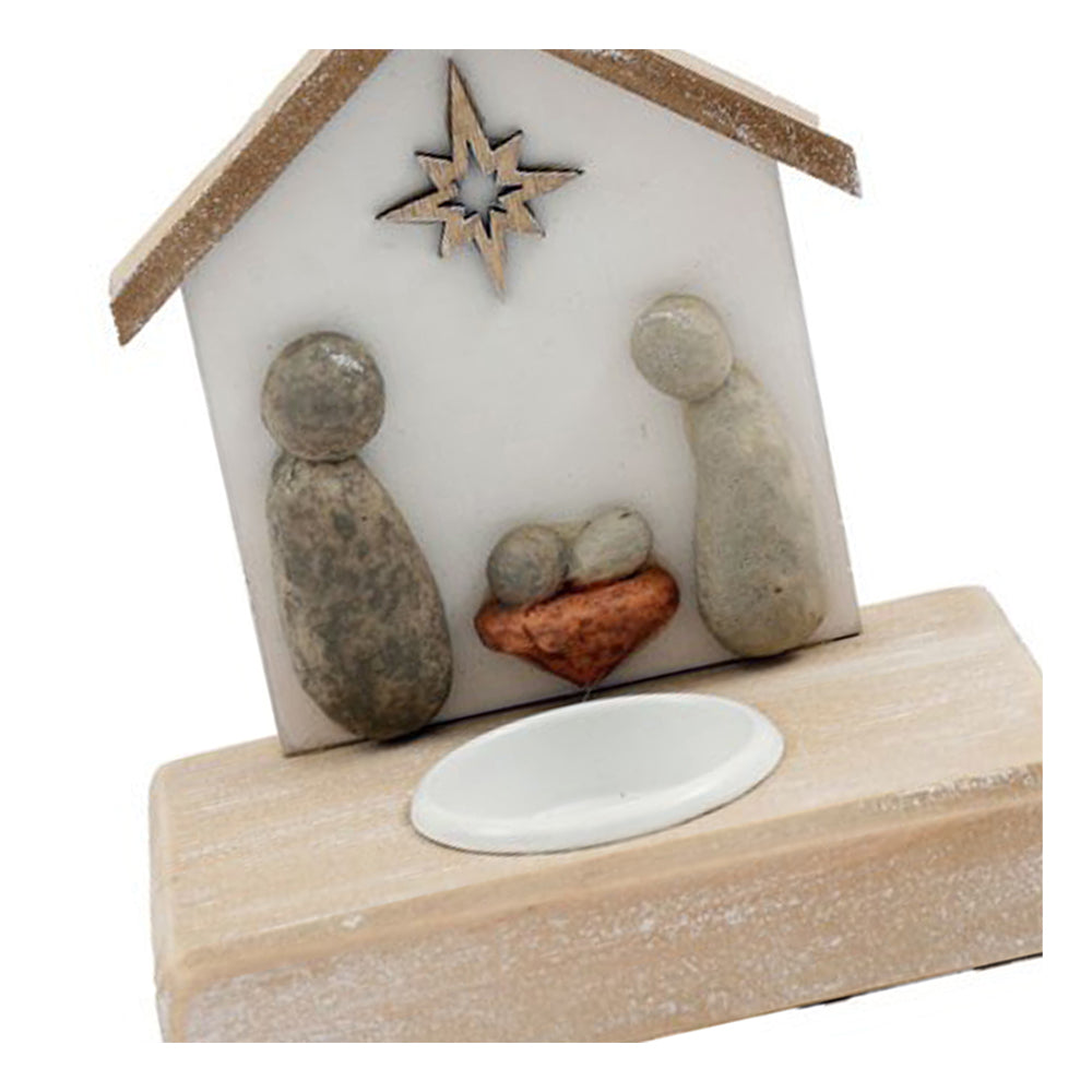 Beige-White - Back - Something Different Pebble Nativity Scene Tealight Holder