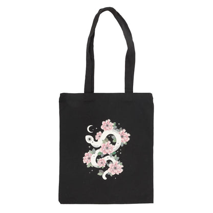 Black-White-Pink - Front - Something Different Floral Snake Polycotton Tote Bag