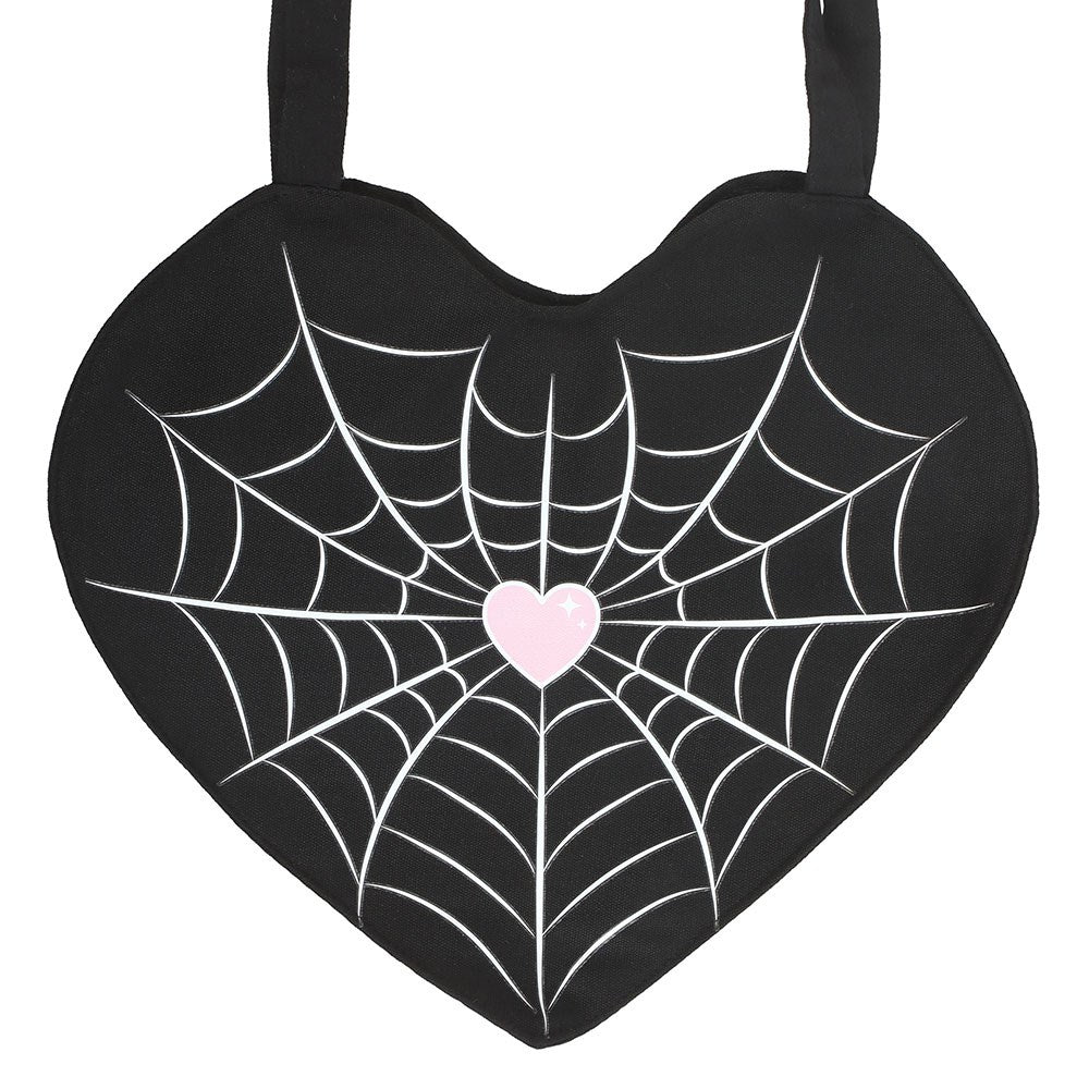 Black - Side - Something Different Spiderweb Heart Satin Tote Bag