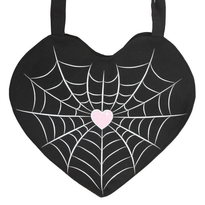 Black - Side - Something Different Spiderweb Heart Satin Tote Bag