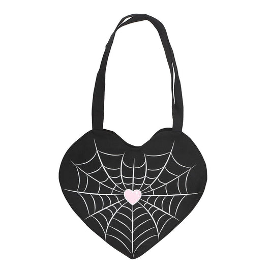Black - Front - Something Different Spiderweb Heart Satin Tote Bag