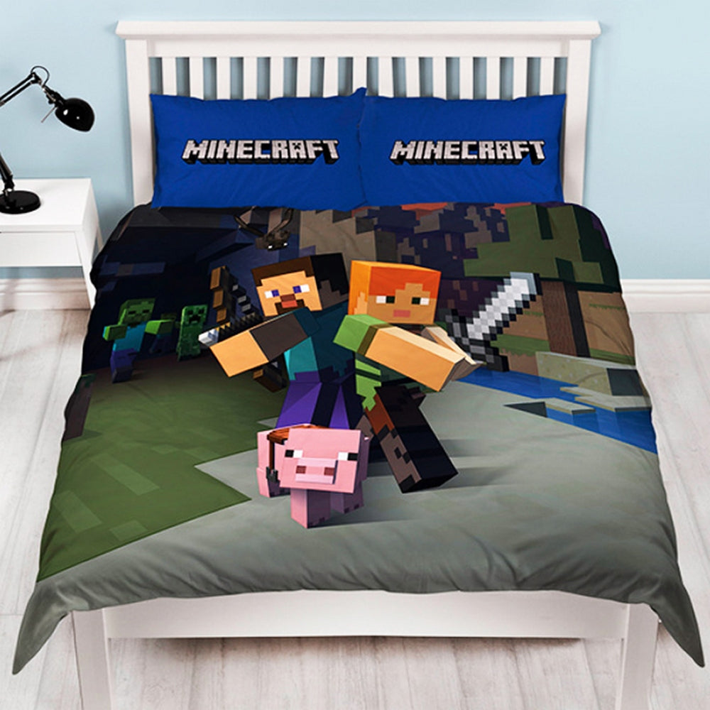 Blue - Front - Minecraft Official Reversible Double Duvet and Pillowcase Set