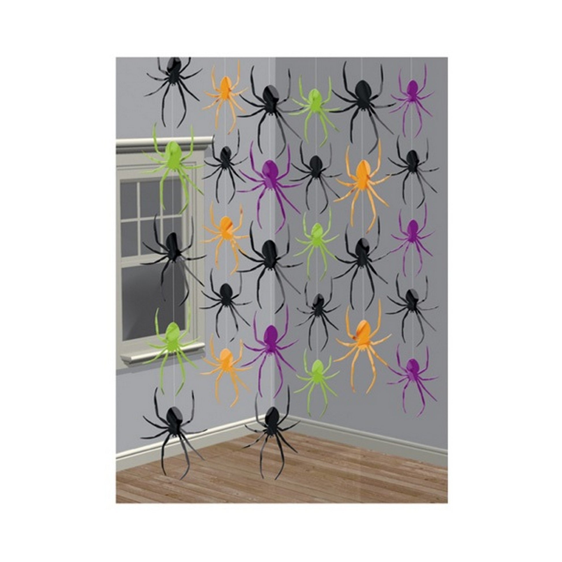 Black-Green-Orange-Purple - Front - Amscan Halloween Spider String Decorations