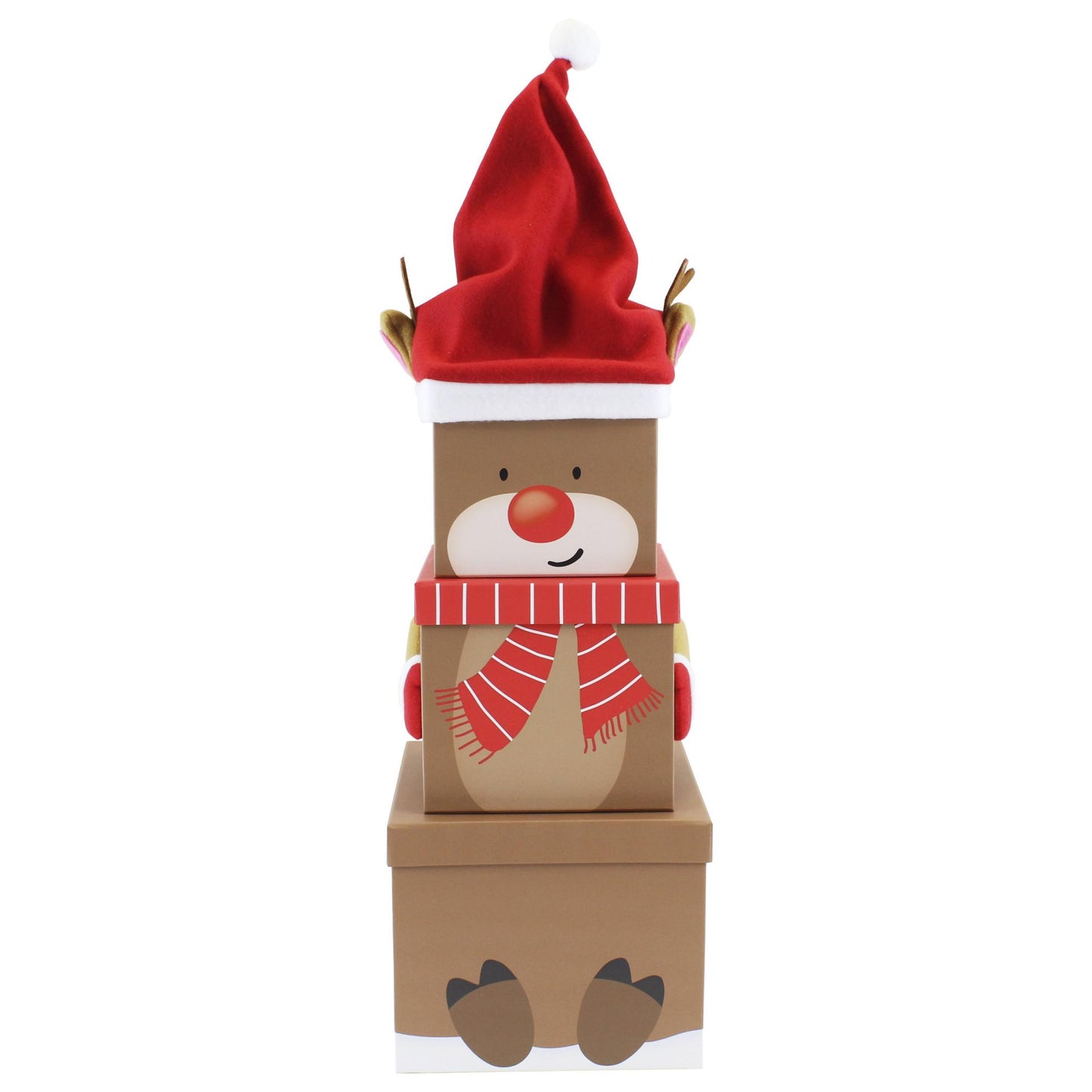 Brown-Red - Front - Eurowrap Plush Reindeer Christmas Gift Boxes (Pack of 3)
