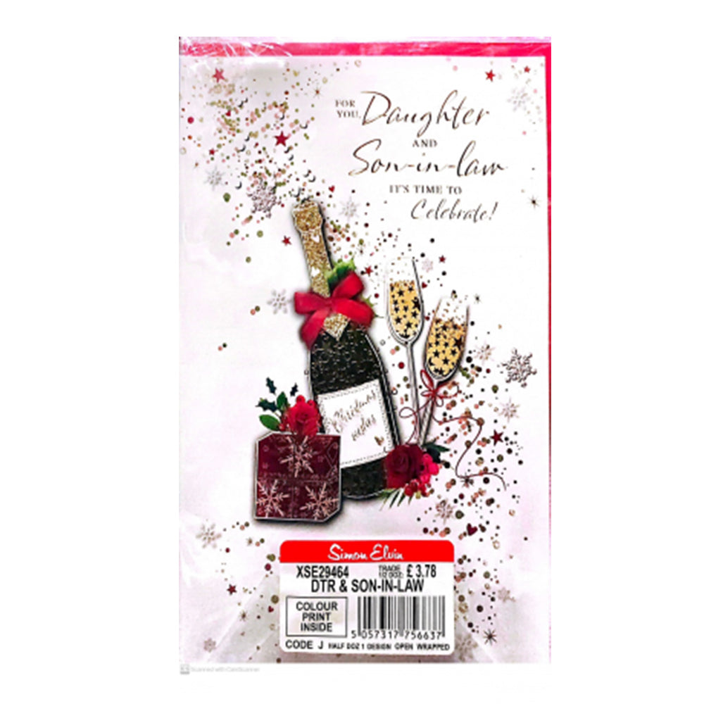 White-Red - Front - Simon Elvin For You Daughter And Son In Law Champagne Bottle Christmas Card (Pack of 6)