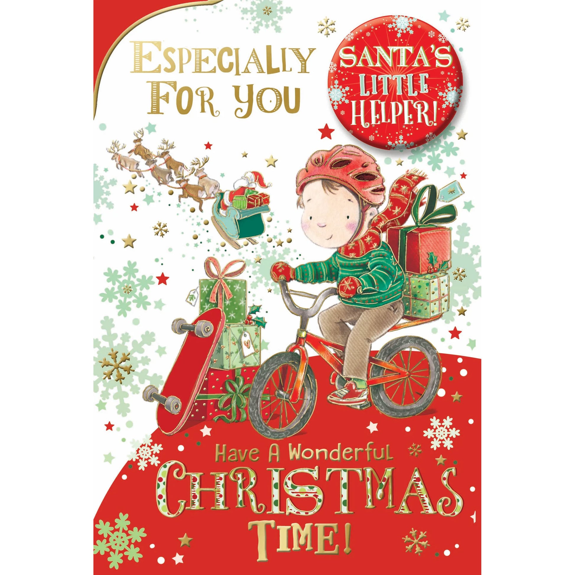 Multicoloured - Front - Simon Elvin Especially For You Santa´s Little Helper Bicycle Christmas Card (Pack of 6)