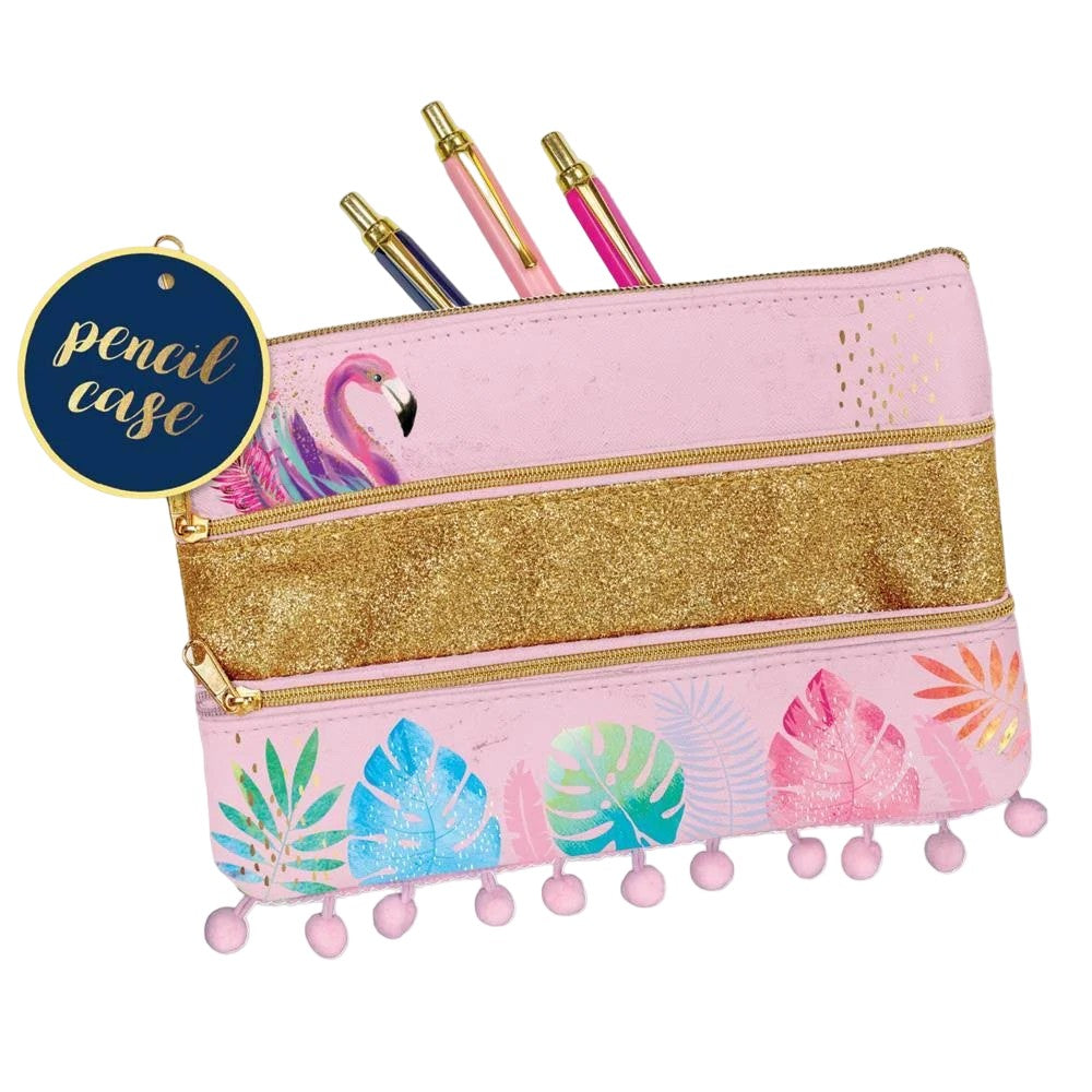 Pink-Gold - Front - Layered Tropical Pencil Case