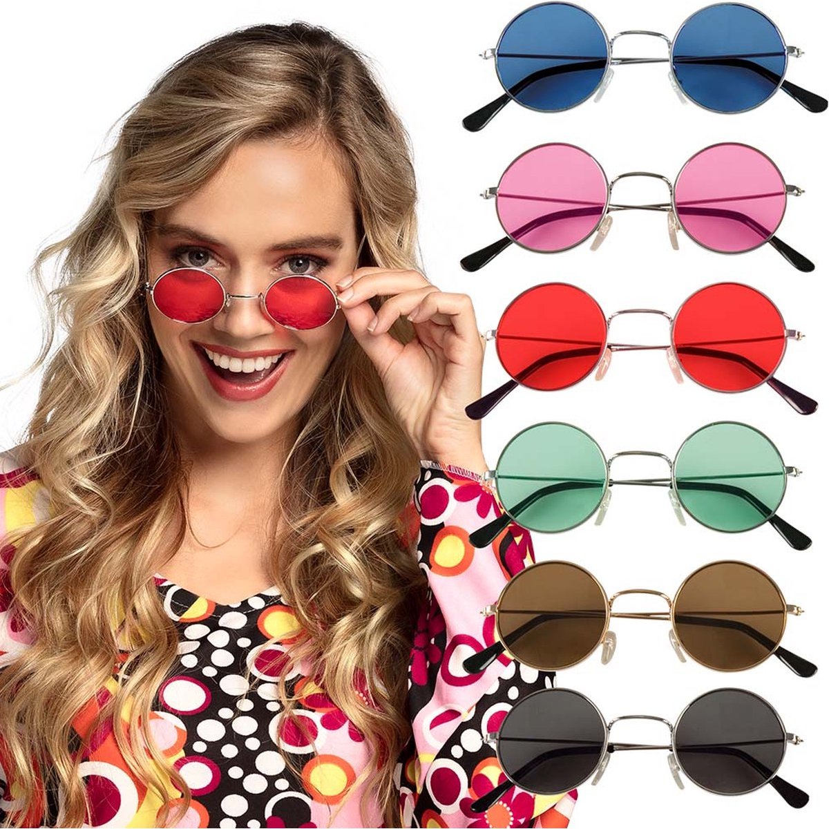 Multicoloured - Front - Boland Unisex Adult John Round Glasses (Pack of 6)