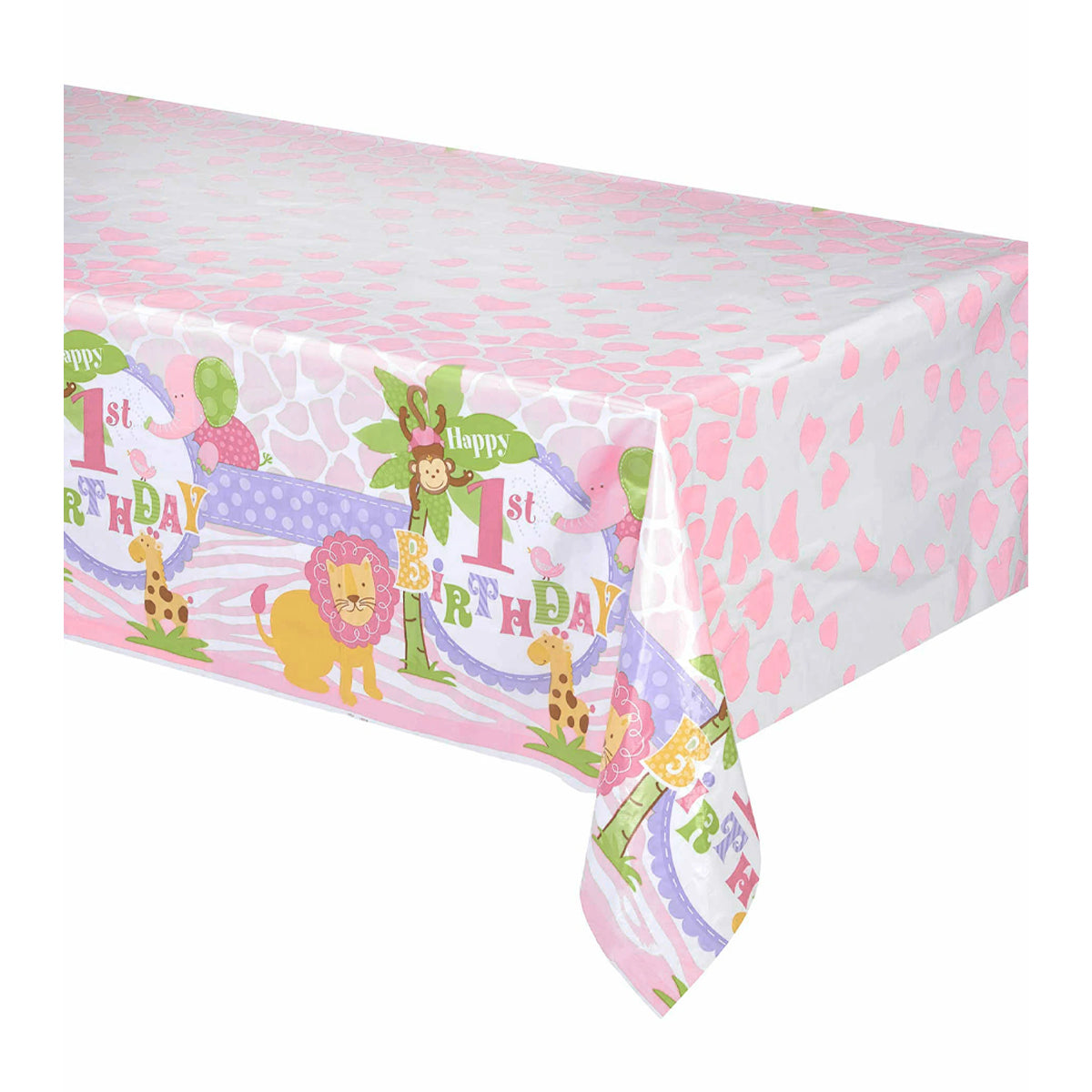 Pink-White - Back - Unique Party Plastic Safari 1st Birthday Party Table Cover