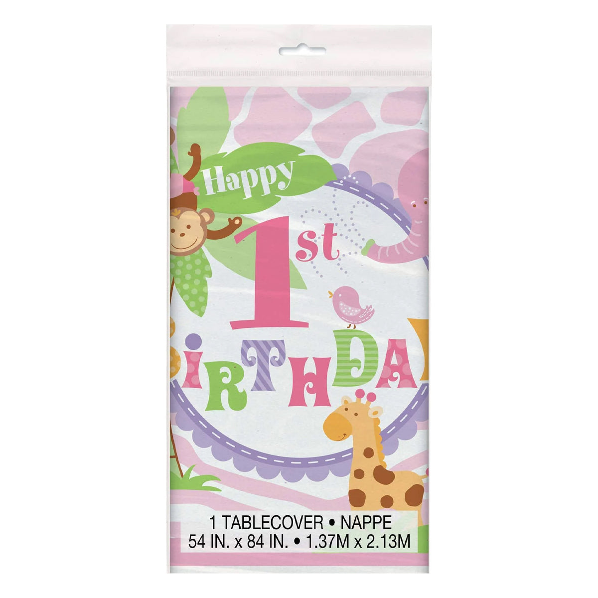 Pink-White - Side - Unique Party Plastic Safari 1st Birthday Party Table Cover
