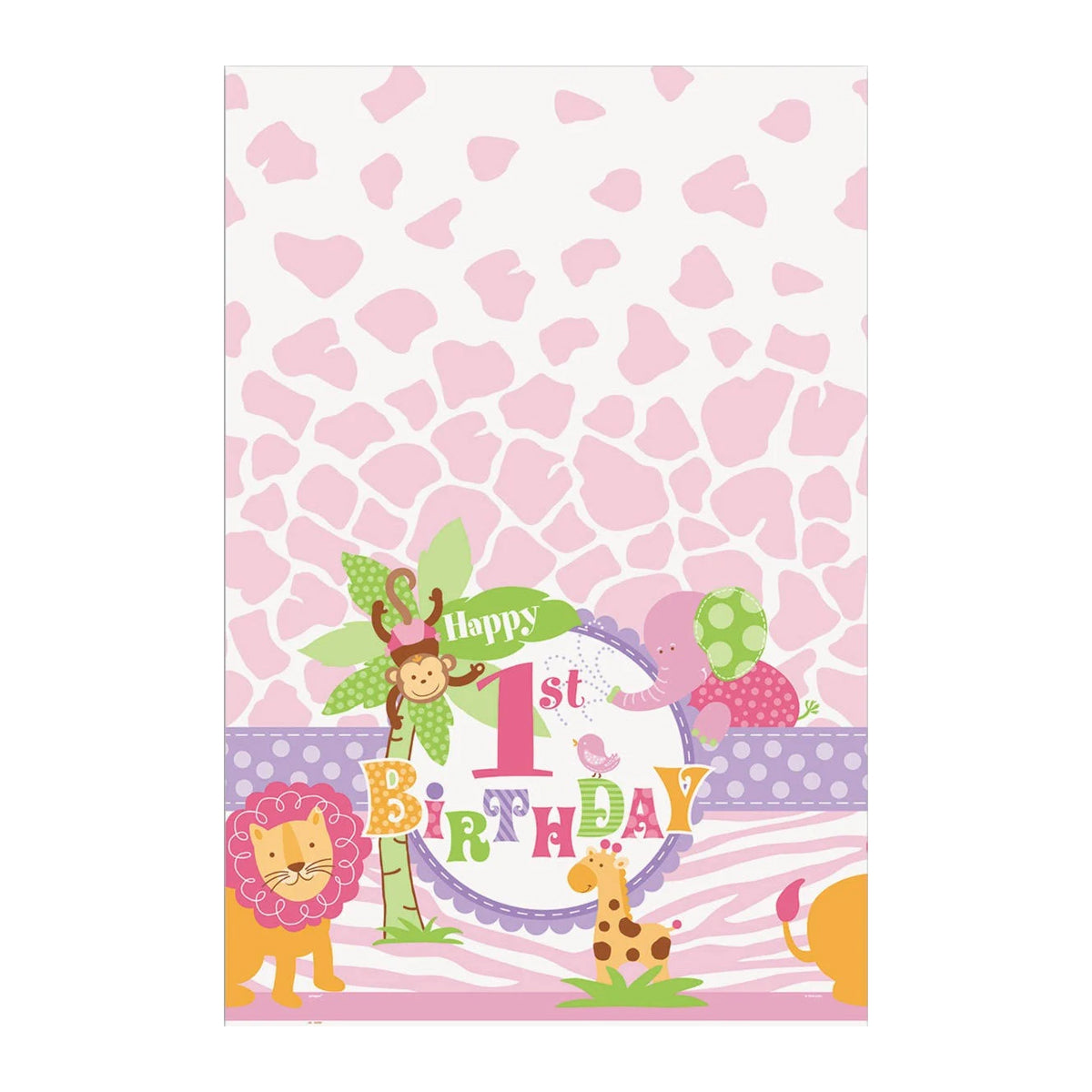Pink-White - Front - Unique Party Plastic Safari 1st Birthday Party Table Cover